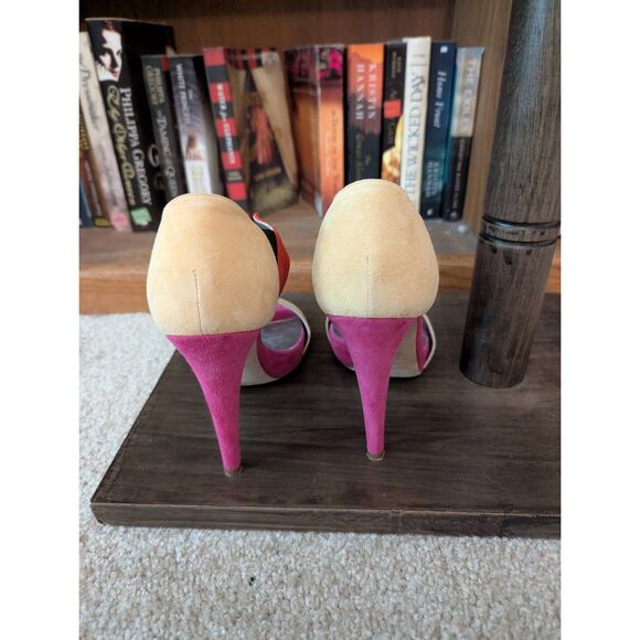 Joan Oloff Women's 38.5 US 8.5 Pink Red Peep Open Toe Pumps Heels Leather Italy - Picture 2 of 6